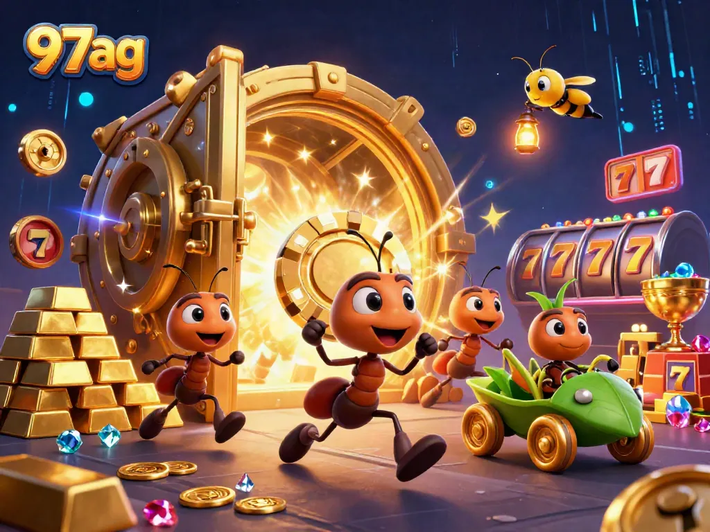 Ants pull a golden poker chip in a vibrant casino heist scene with 97ag branding.