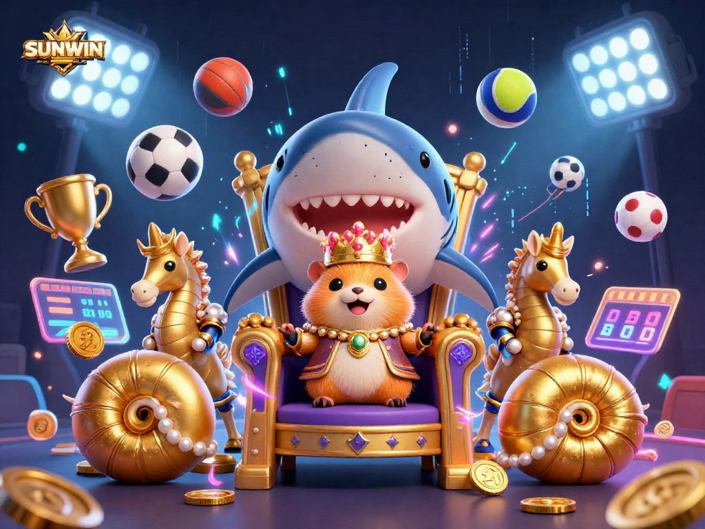 SUNWIN engages players with thrilling 3D illustration features a golden hamster king on a megalodon throne.