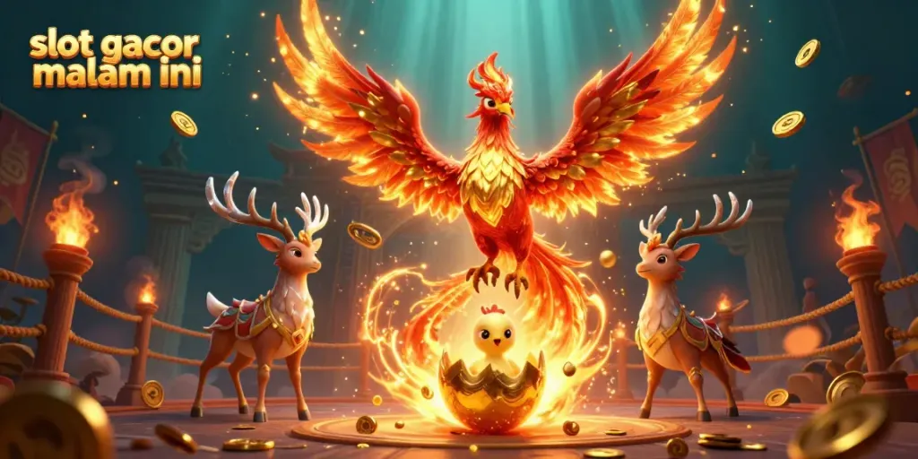 Visualisasi slot gacor malam ini dengan karakter phoenix dan elemen kasino menawan, menonjolkan energi kemenangan.