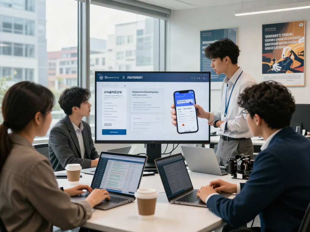 소액결제현금화를 분석하는 젊은 전문가들이 있는 현대적인 금융 서비스 사무실