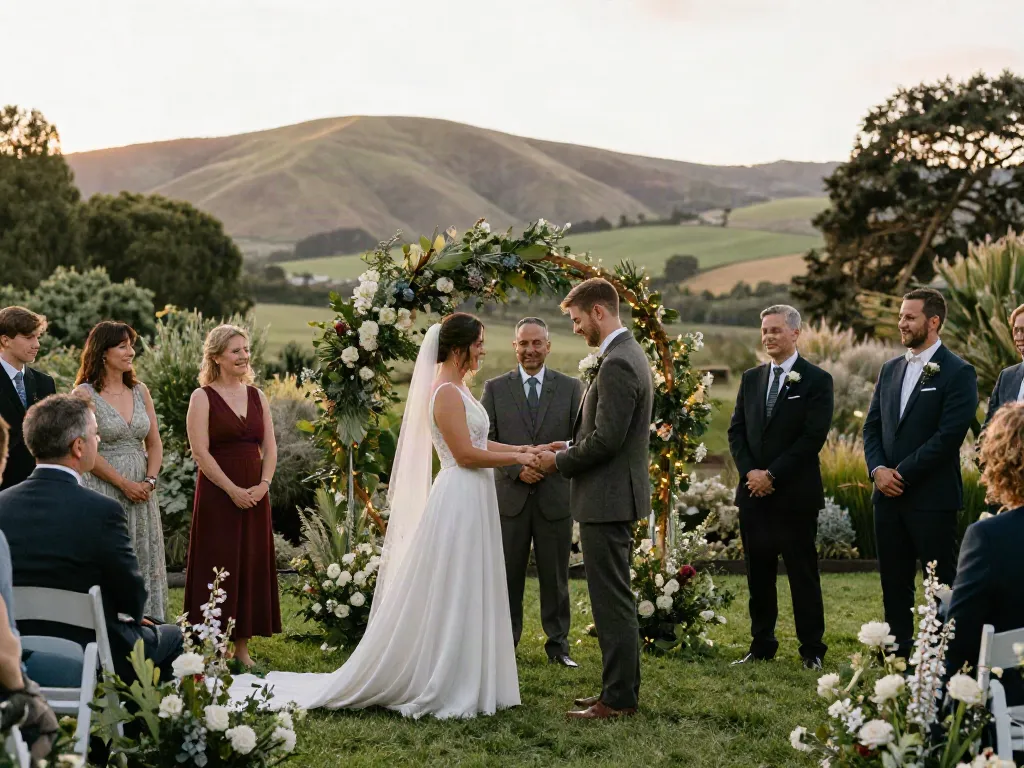 Dunedin wedding photographer captures a couple's heartfelt vow exchange in a lush Otago garden setting, surrounded by family and fairy lights.