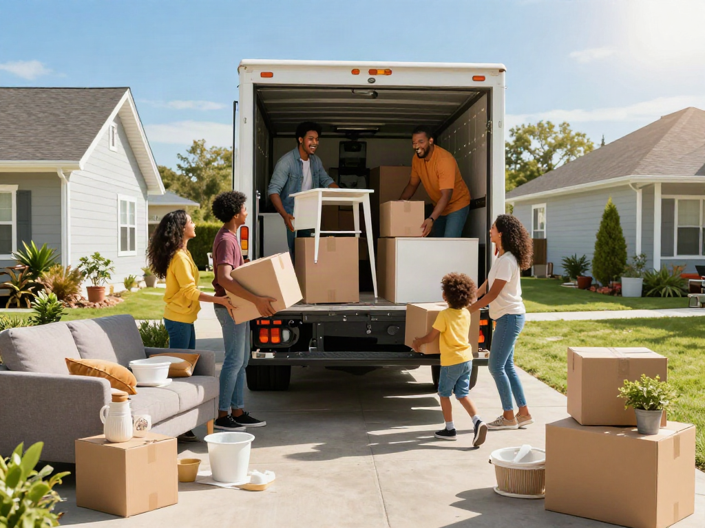 Family excitedly working with a moving company on a sunny day.