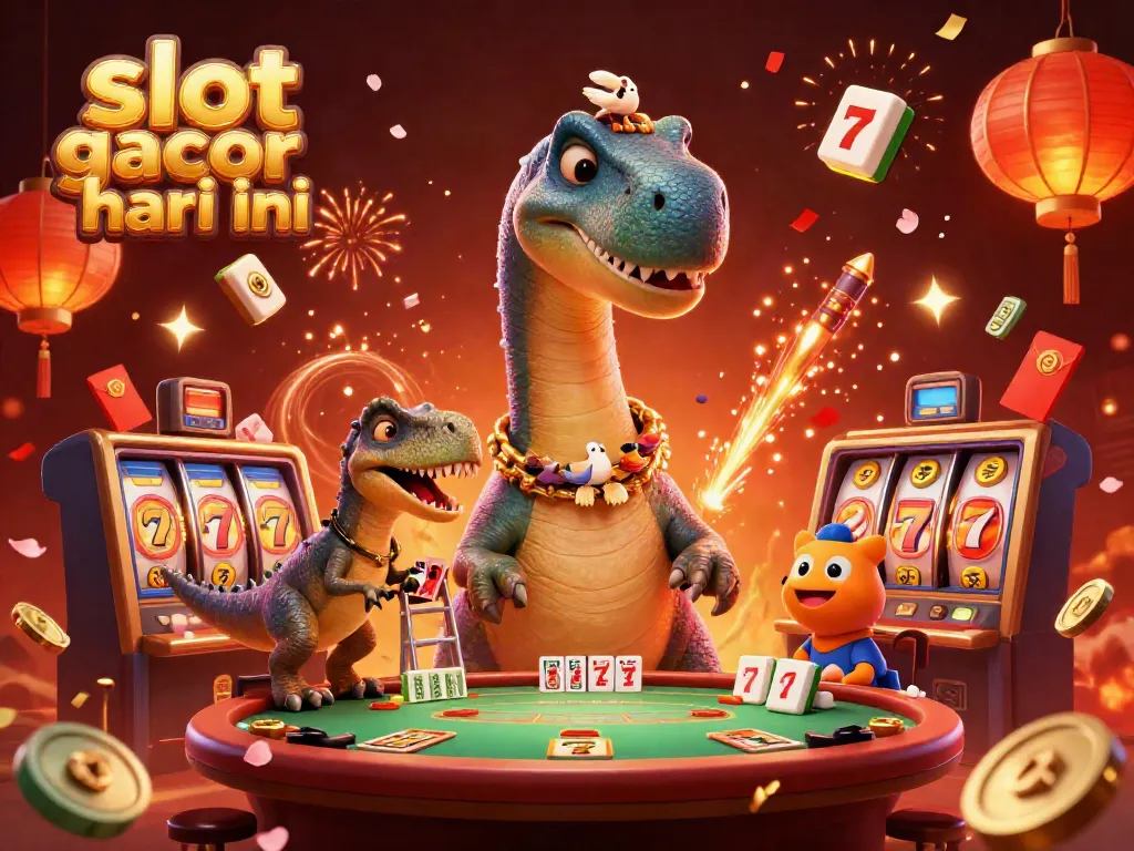Visualisasi judi slot gacor hari ini dengan dinosaurus dan elemen kasino yang bersemangat dan mengasyikkan.