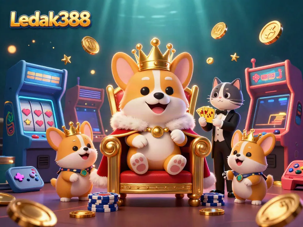Experience the lively world of Ledak388 with colorful gaming elements featuring a royal corgi on a throne.