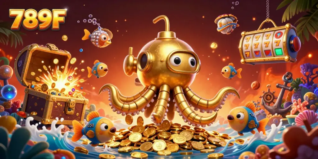 Engage with exciting gaming at 789F featuring a lively 3D kraken submarine with gold coins and slot elements.