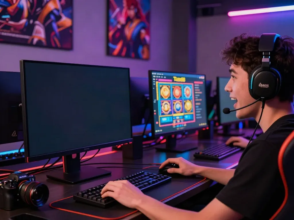 Engaged gamer interacting with Tuan88 slot games on a vibrant screen.