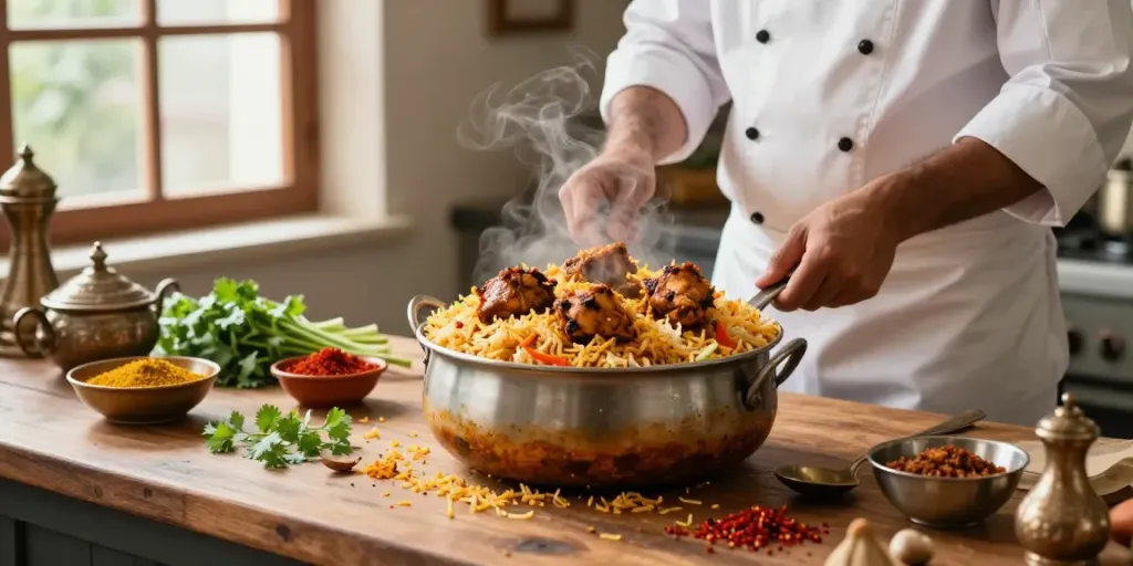 Best and authentic biryani preparation scene with vibrant spices and fresh ingredients.
