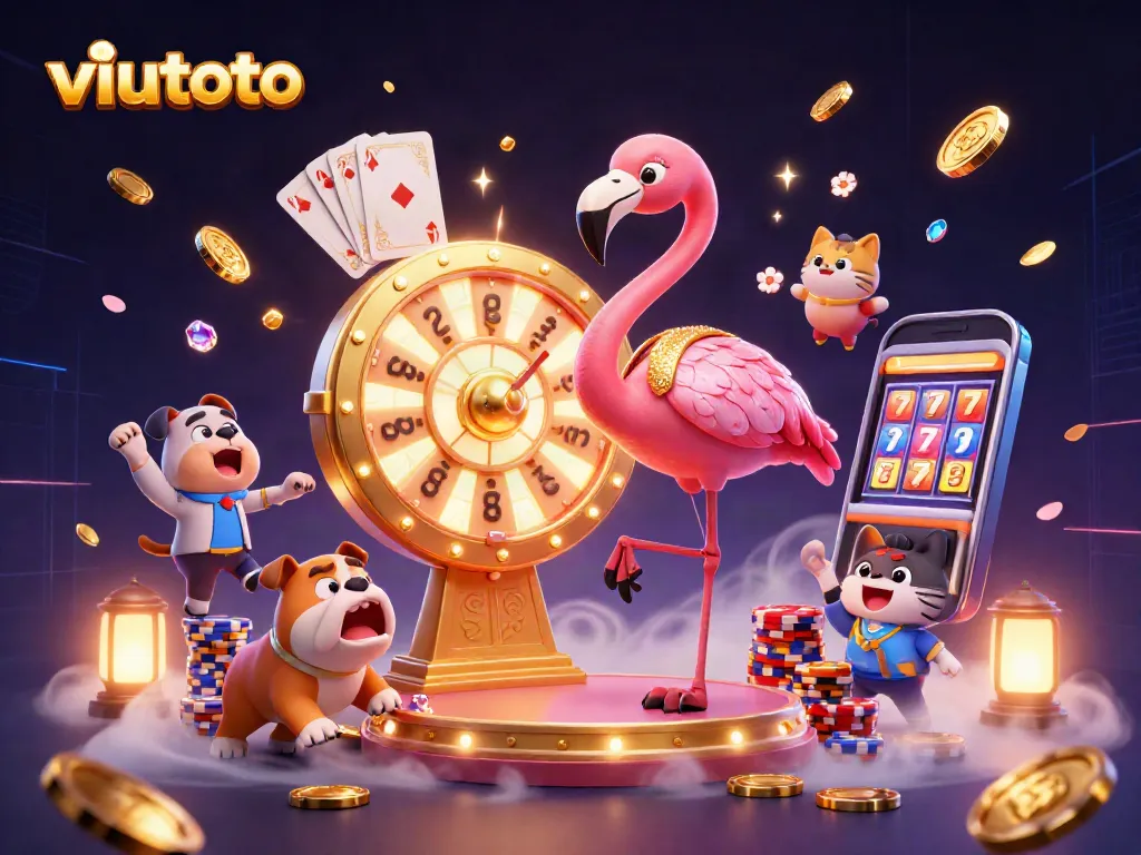 viutoto menampilkan ilustrasi casino animasi berwarna cerah, dengan karakter flamingo dan bulldog beraksi