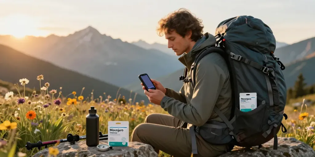 Mounjaro 10 mg Prezzo displayed in a rugged outdoor adventure scene with beautiful mountain background.