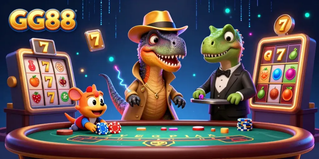 Engage in the thrilling world of GG88 with a velociraptor card counter at a blackjack table, showcasing excitement and fortune.