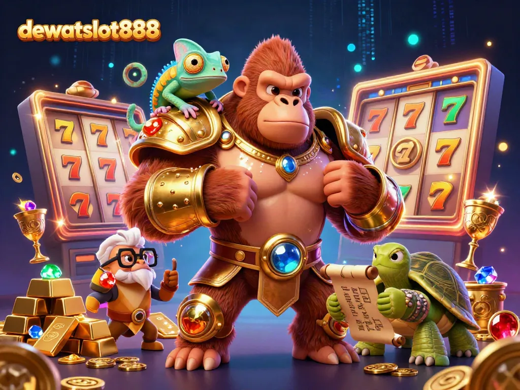 Gorila berarmor emas dan teman chameleon di dekat mesin slot bertema dewataslot888 yang penuh kemewahan.