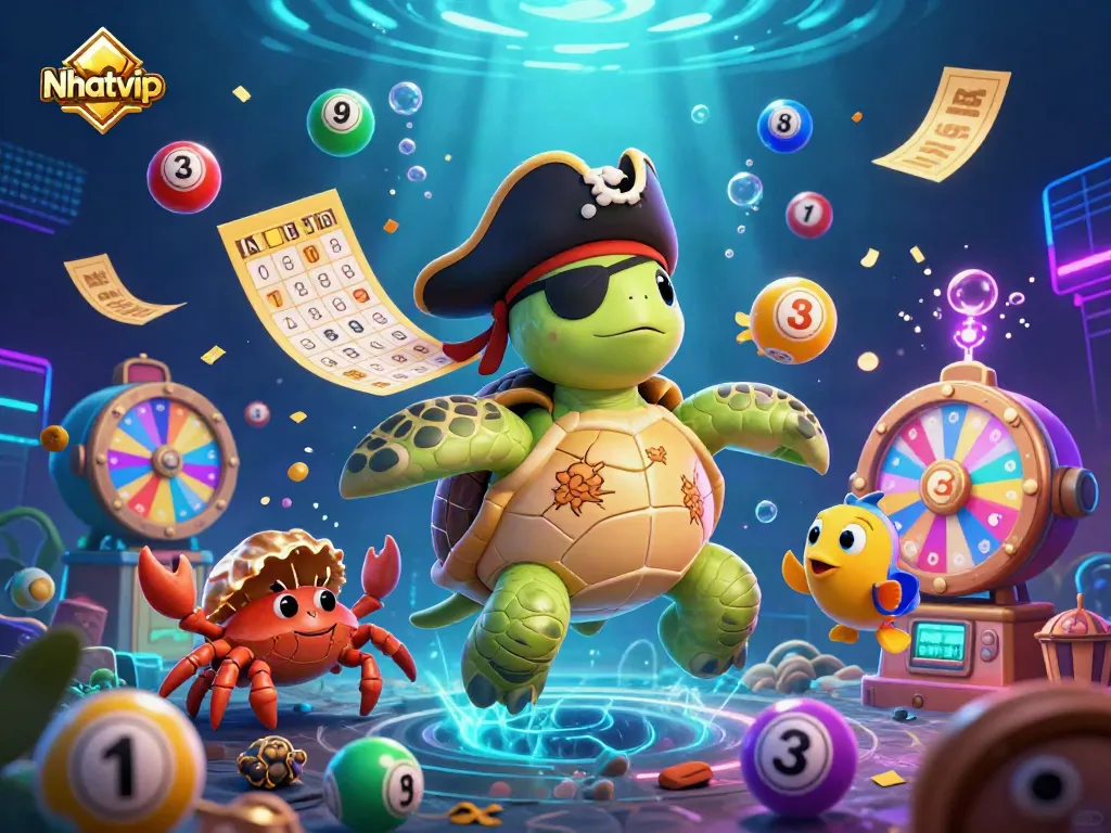 Nhatvip lottery excitement with vibrant characters and dynamic game elements in an underwater scene