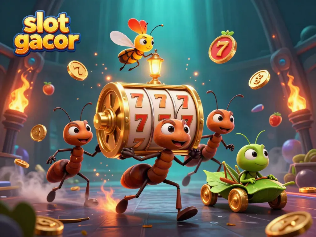 Experience the thrill of slot gacor with cartoon ants using oversized slot reels in a vibrant casino world.