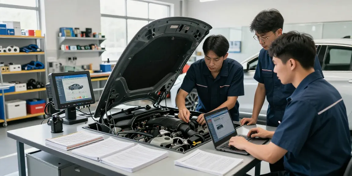 Expert technician performing maintenance in a BMW werkstatt hannover, showcasing advanced automotive tools and equipment.