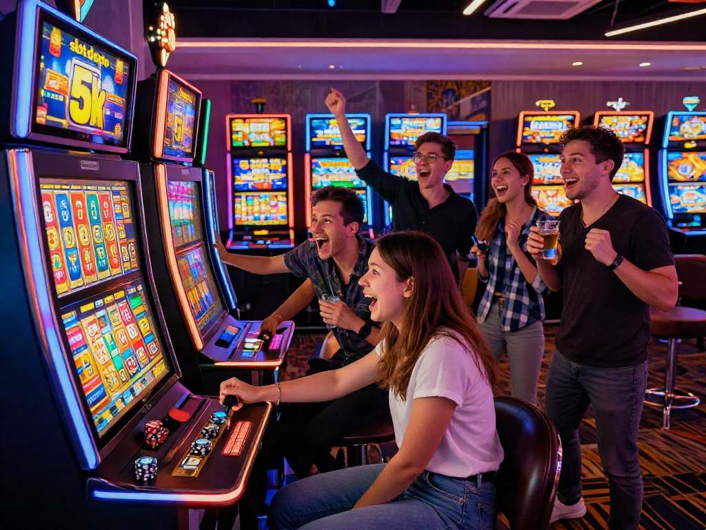 Friends enjoying the thrill of slot depo 5k at a vibrant casino, capturing excitement and fun.