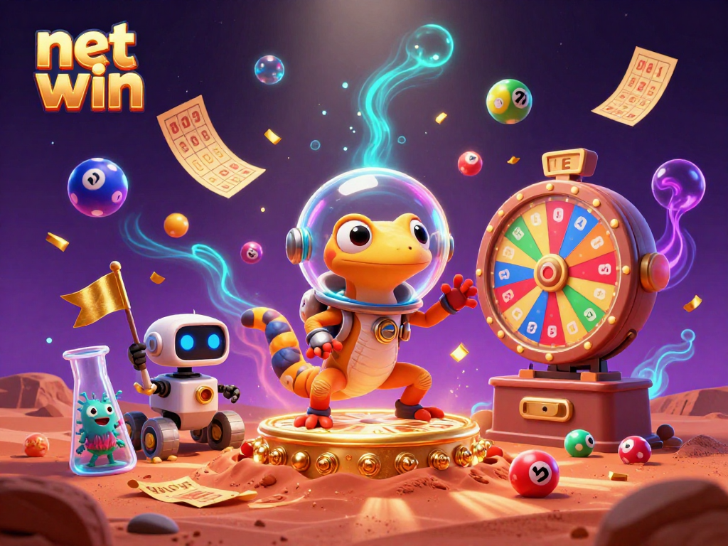 Experience the thrill of net win while a Martian gecko uncovers a golden casino in a vibrant space scene.