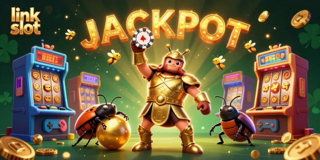 Engaging 3D scene showcasing the link slot concept with vibrant slot games and characters.