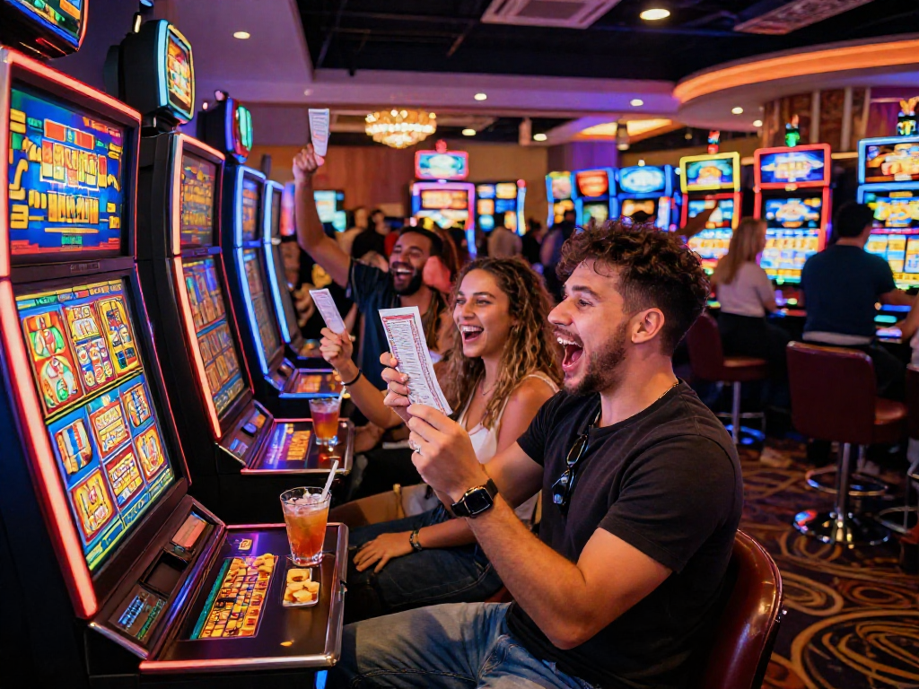 Slot jackpot celebration at a vibrant casino with friends winning big