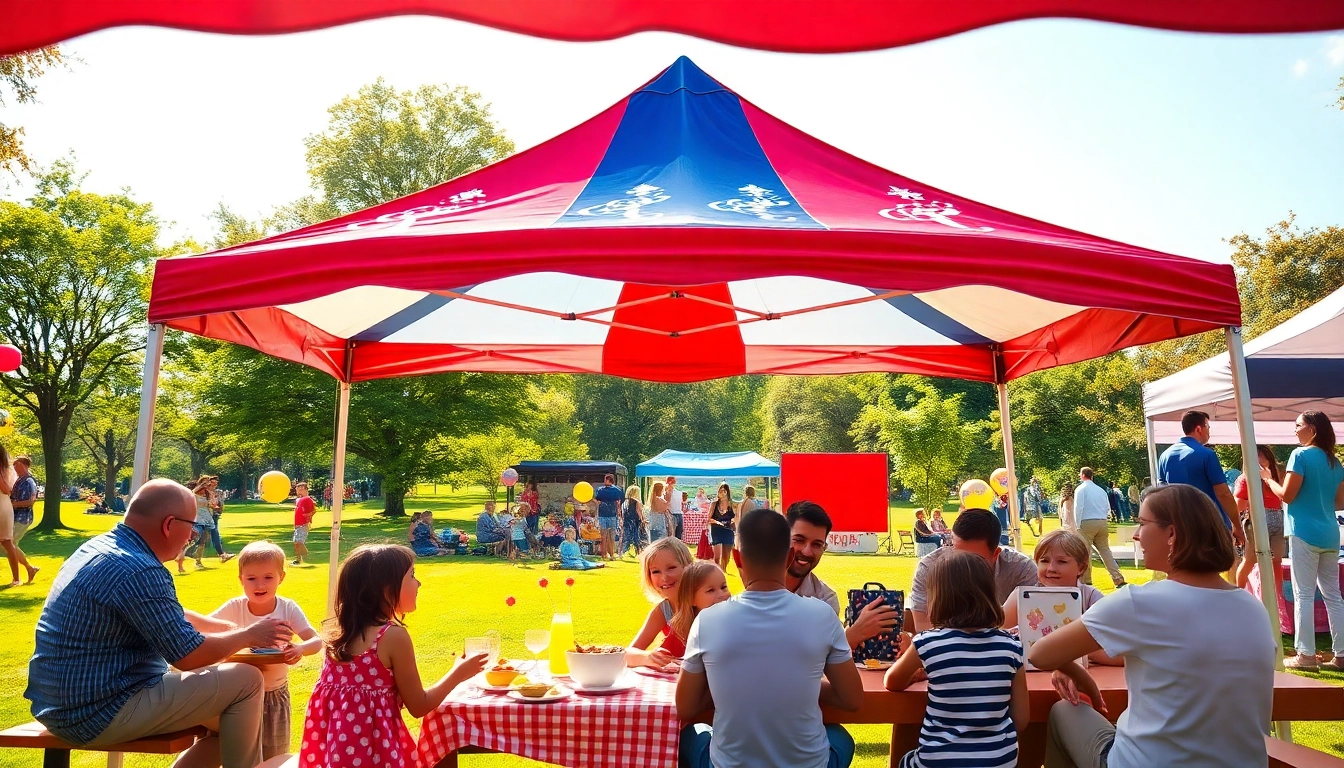 Families enjoying a picnic under a colorful canopy tent at an outdoor event.
