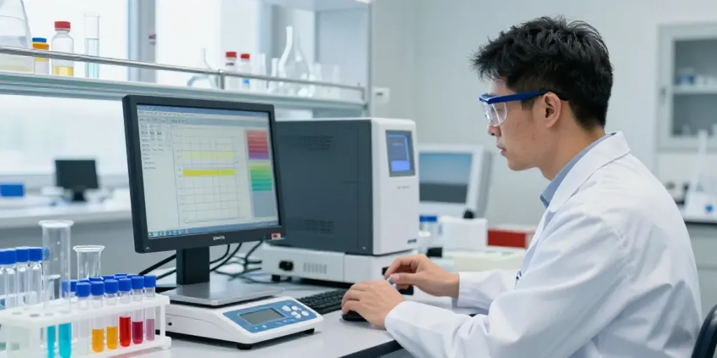 Swiss chem labs analyzing high-quality peptides in a bright laboratory.