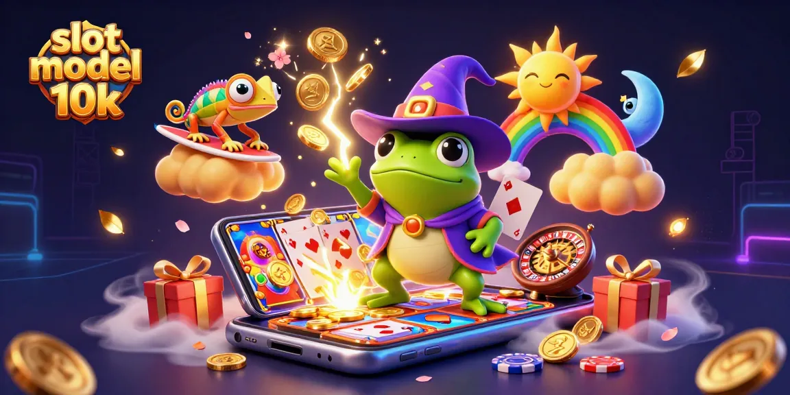 Spin and win with slot modal 10k as a wizard frog conjures gold coins amidst vibrant casino elements.