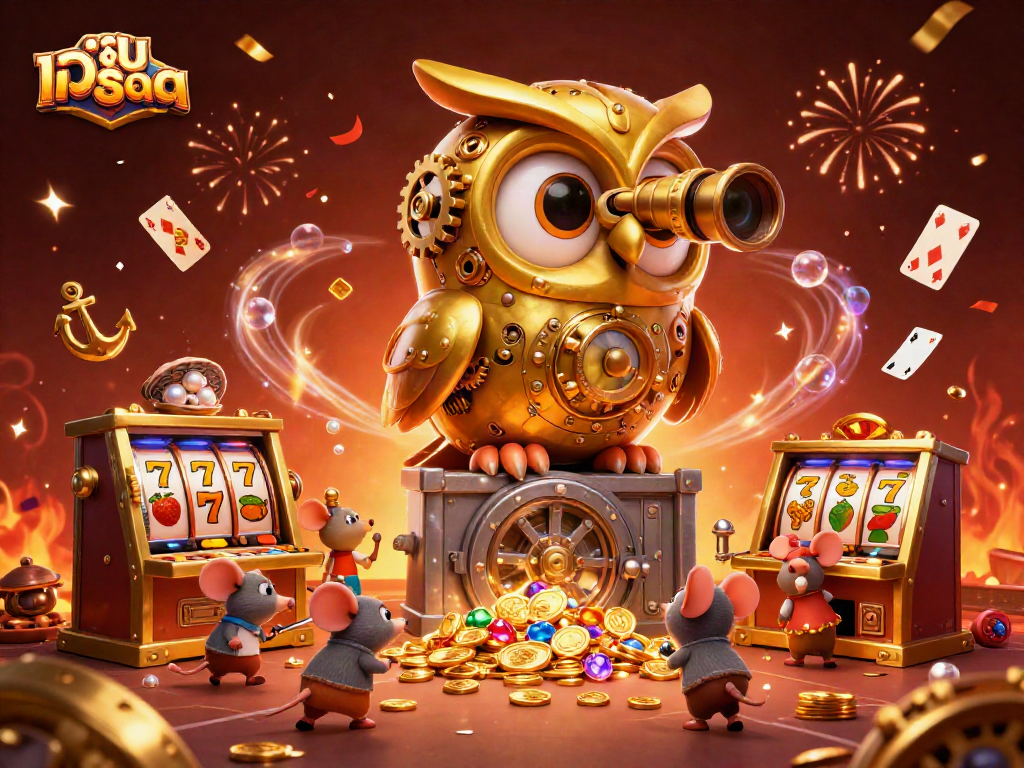 Win big at เว็บสล็อต with 3D golden owl overseeing a vibrant casino scene filled with slot machines and treasures.