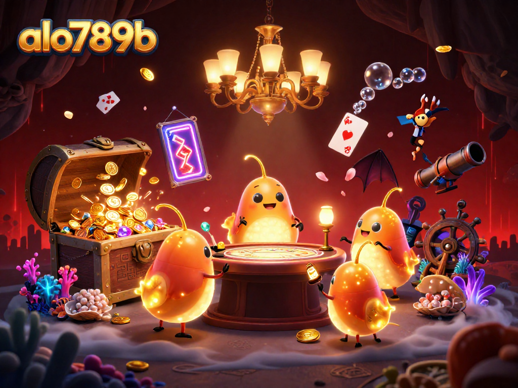 Bet on exciting games and treasures at alo789b, featuring vibrant casino scenes with glowworms and bioluminescent elements.