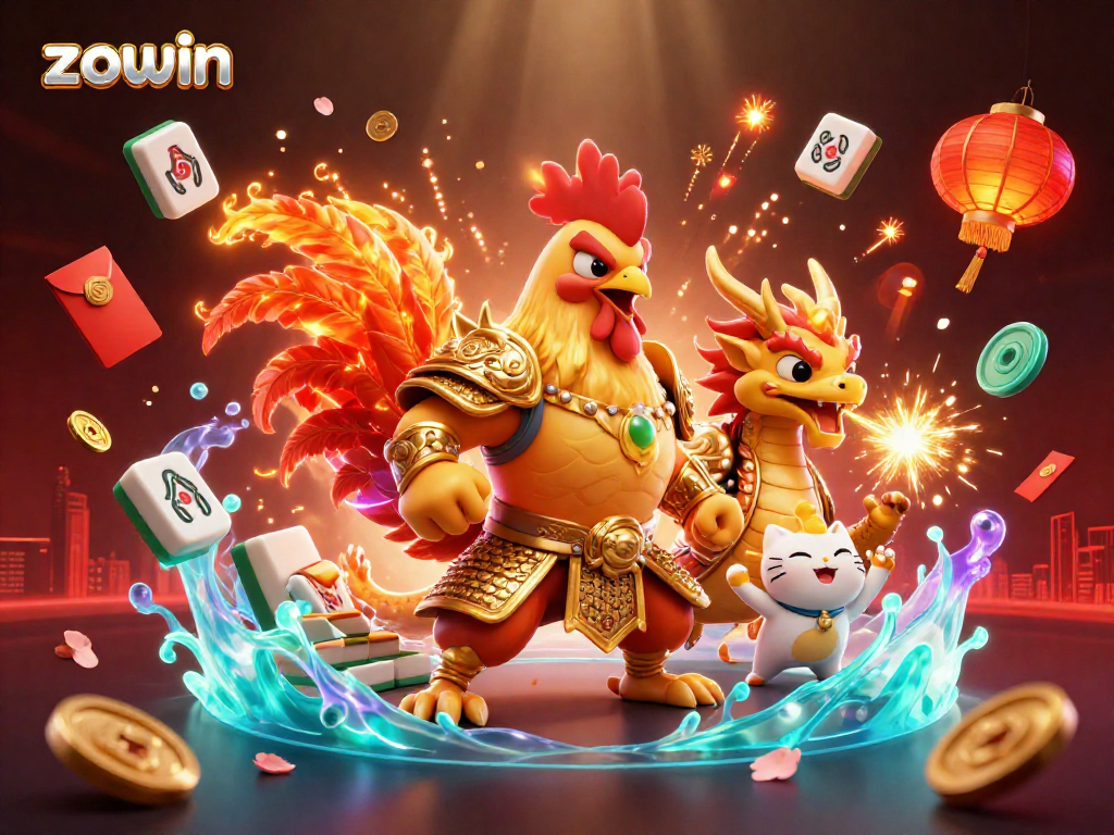 Zowin showcases a vibrant 3D scene with a rooster warrior and dragon hatchling amid joyous casino elements, celebrating gaming excitement.