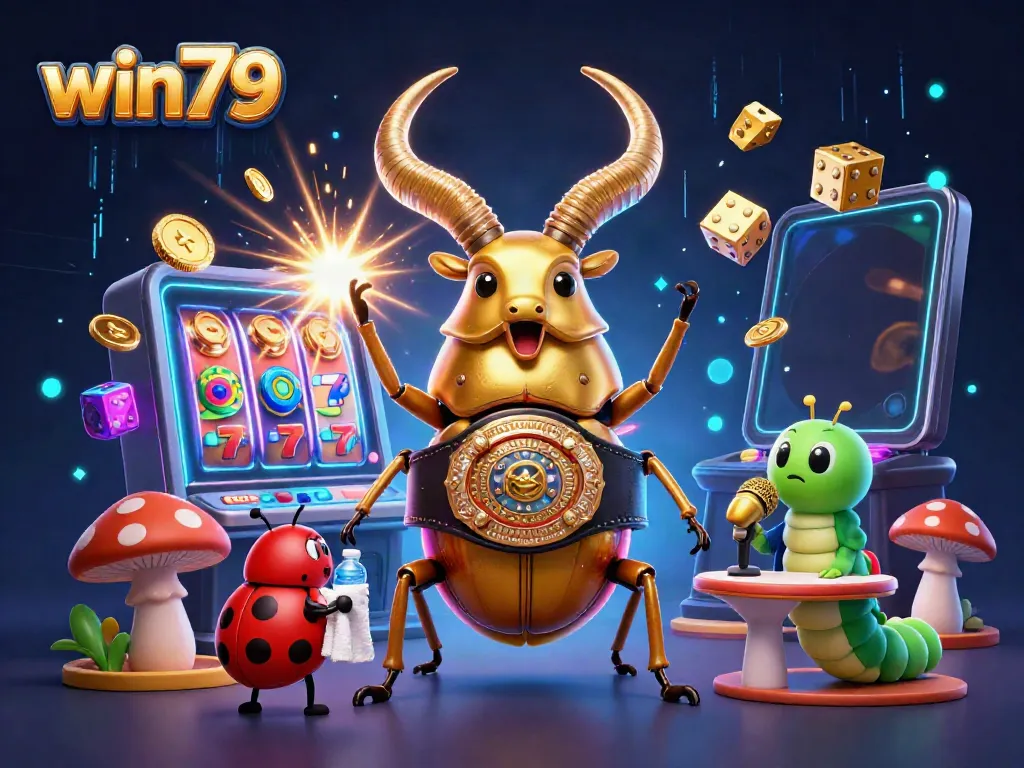 Experience win79 through a vibrant illustration filled with dynamic casino elements, showcasing a giant stag beetle champion.
