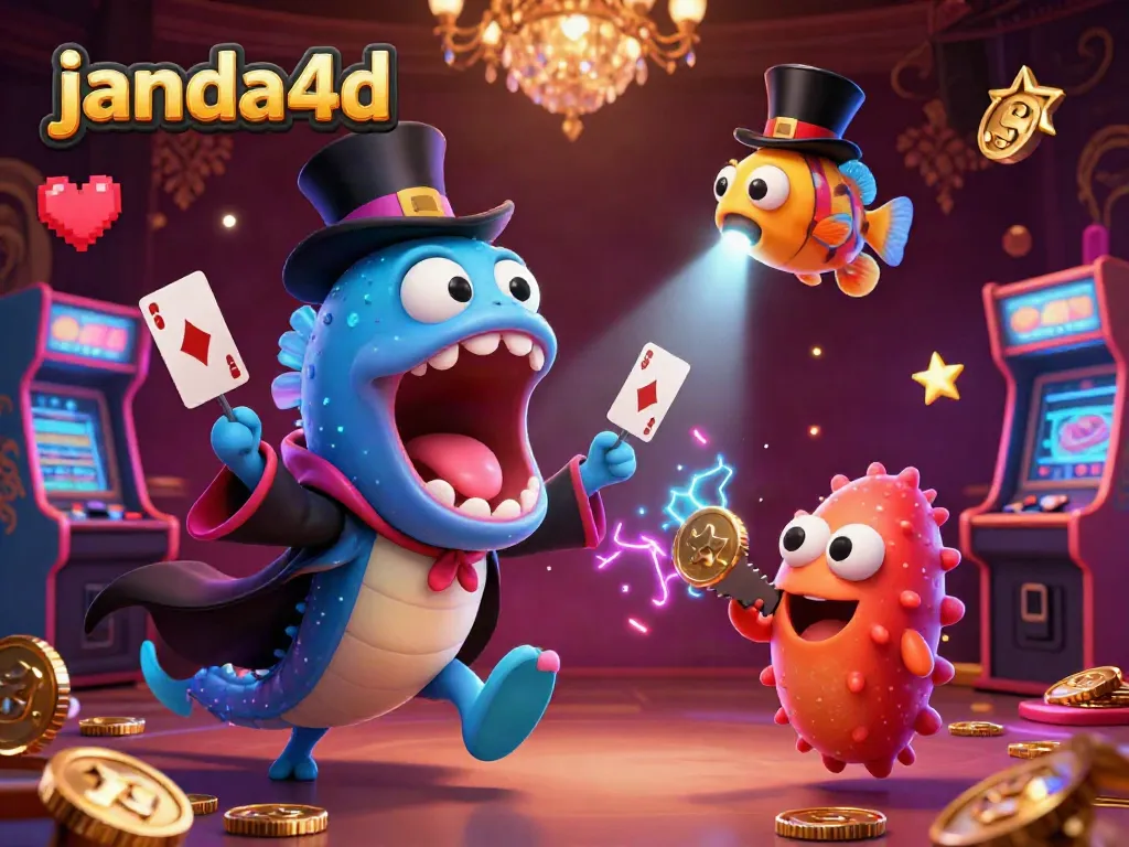Gulper eel magician di janda4d menampilkan trik kartu dalam suasana kasino yang cerah.