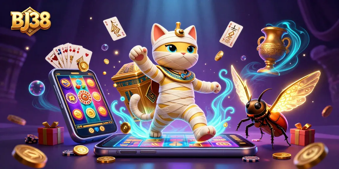 BJ38 captivates with a cartoon mummy cat and scarab beetle amid casino games.