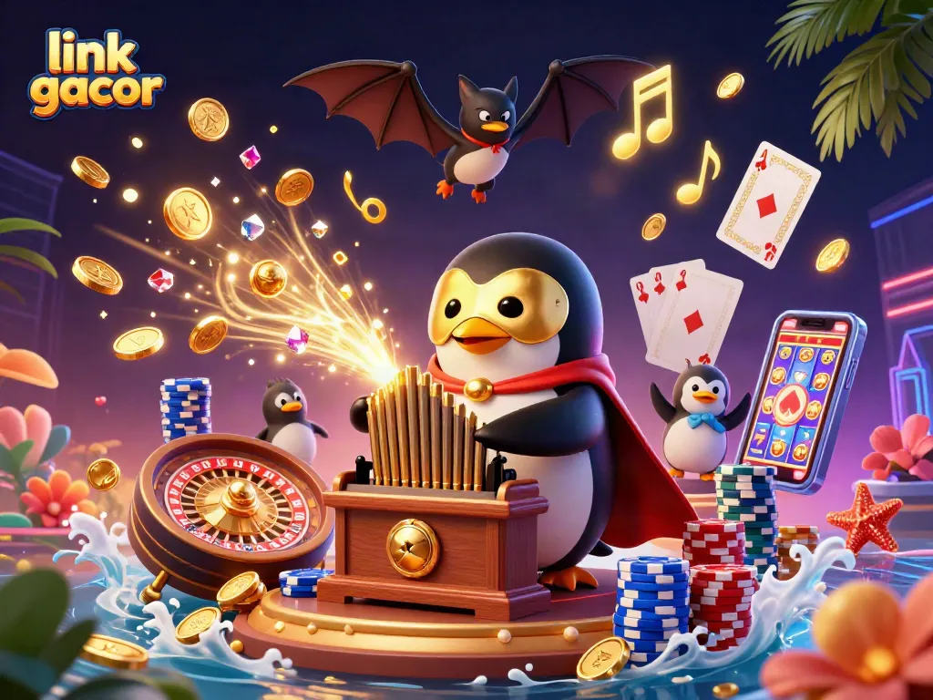 Spin and win with "link gacor," showcasing lively casino elements in a vibrant 3D scene.