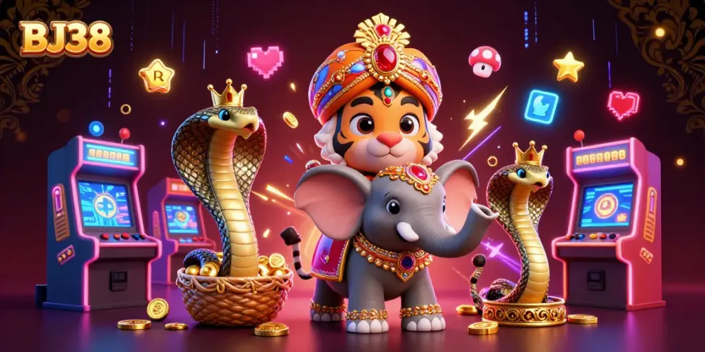 BJ38 showcases a vibrant digital casino scene featuring a maharaja tiger, elephant, and cobra amid gaming elements.