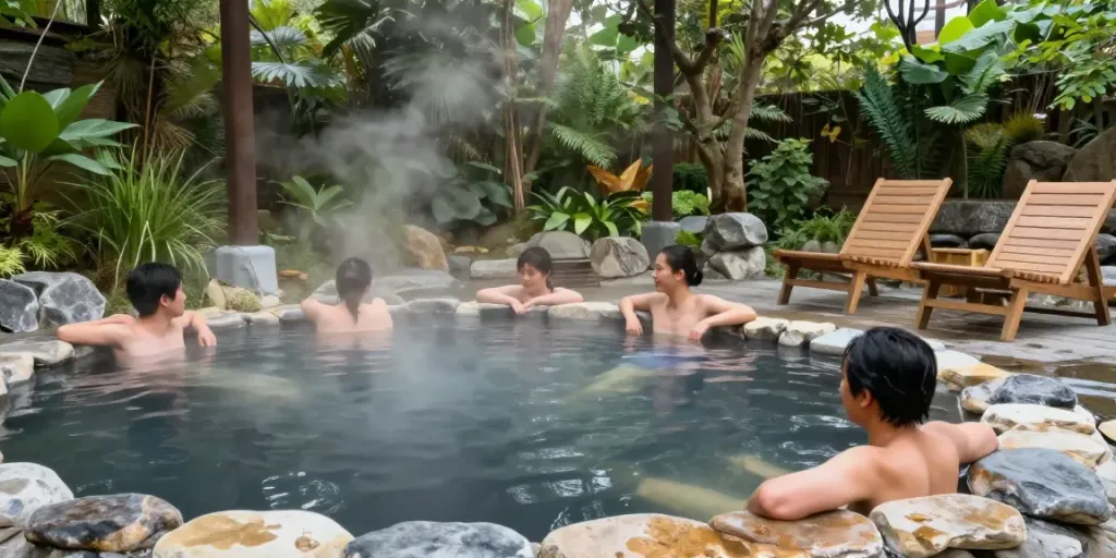 People enjoying volcanic mineral water at rokok88's serene outdoor onsen.