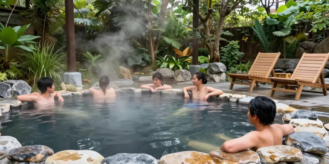 People enjoying volcanic mineral water at rokok88's serene outdoor onsen.