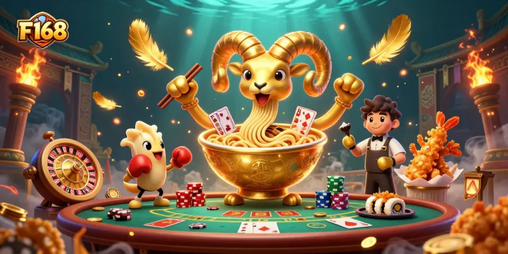 Engage with F168's vibrant casino scene featuring lively characters and thrilling game elements.