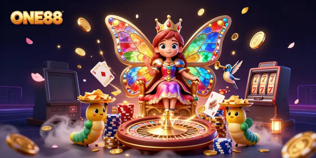 Experience the thrilling allure of ONE88 with vibrant casino elements and enchanting characters.