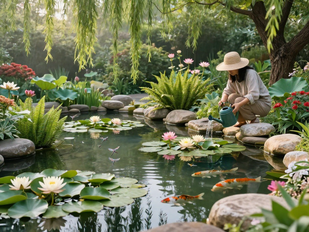 Pond plants flourishing in a serene garden, featuring water lilies and koi fish.