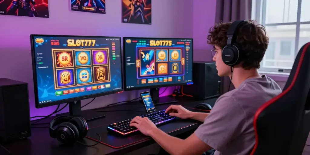 Engaging scene of a player immersed in slot gacor games at a sleek setup, highlighting excitement and online gaming culture.