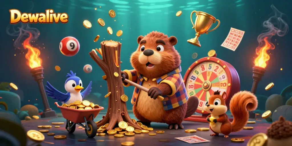 Dewalive showcases a lively scene with a beaver and friends engaging in a festive lottery-themed activity amidst falling gold coins.