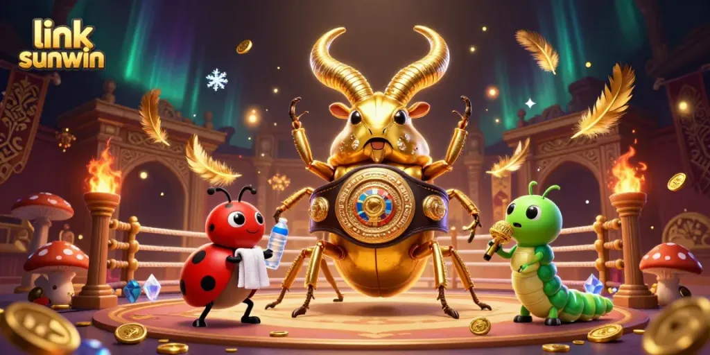 Engage with the vibrant scene depicting link sunwin, featuring a giant golden beetle champion, a ladybug assistant, and a caterpillar announcer in a dynamic gaming arena.