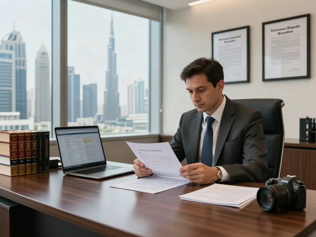 Insurance Dispute Resolution in Dubai consultation scene with lawyer reviewing case documents.