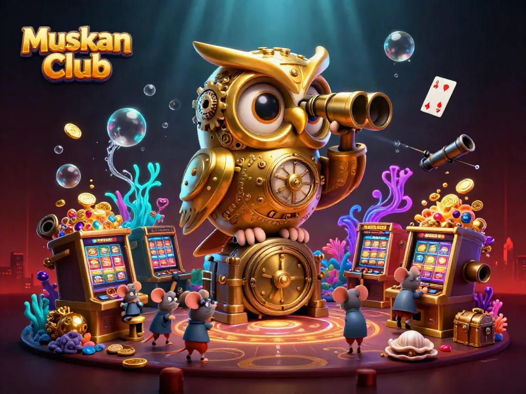 Engage with Muskan Club's vibrant casino world featuring a golden owl and whimsical mice.