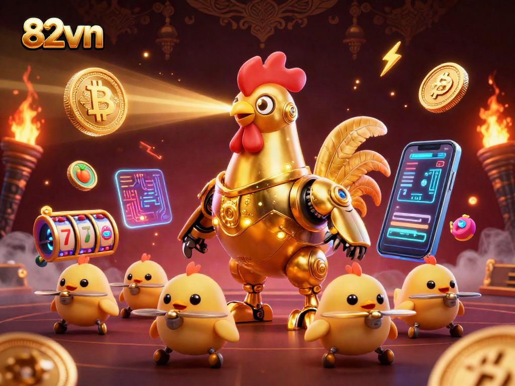 Experience thrilling gameplay with 82vn's golden rooster robot amidst Bitcoin and Ethereum glory.