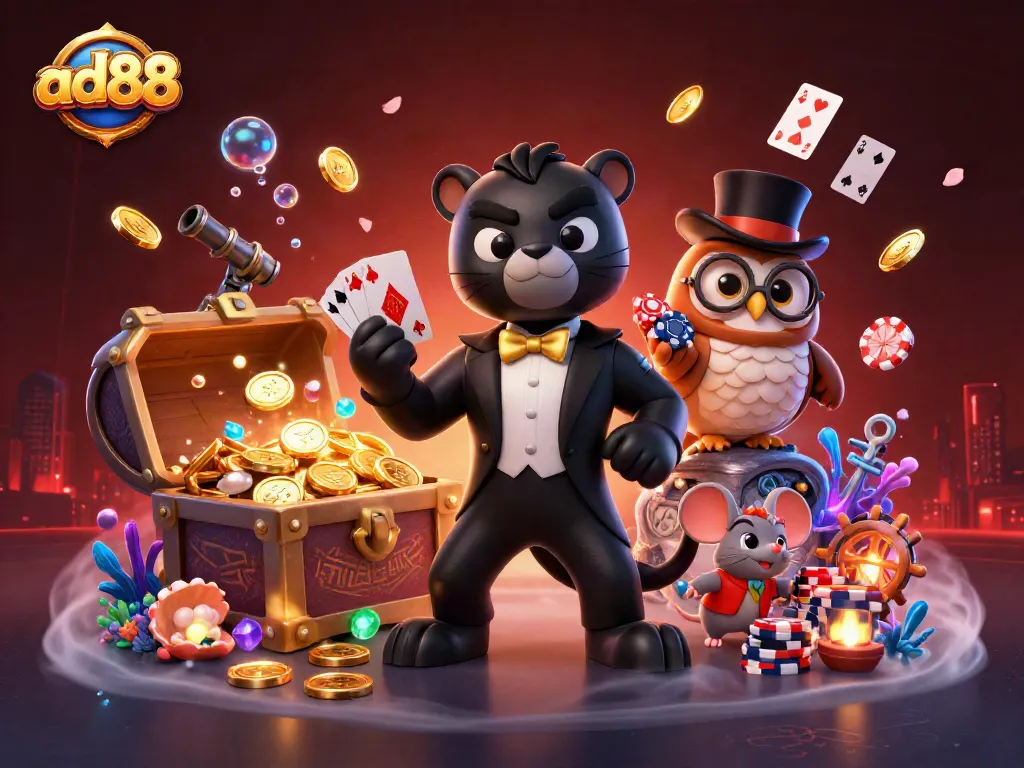 Experience the thrill with ad88 as the panther deals cards in a vibrant casino scene.