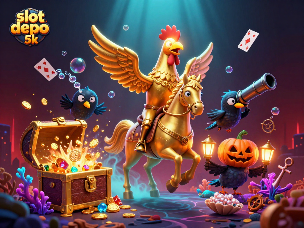 Enjoy slot depo 5k action with a winning rooster and treasure cards in a vibrant casino scene.