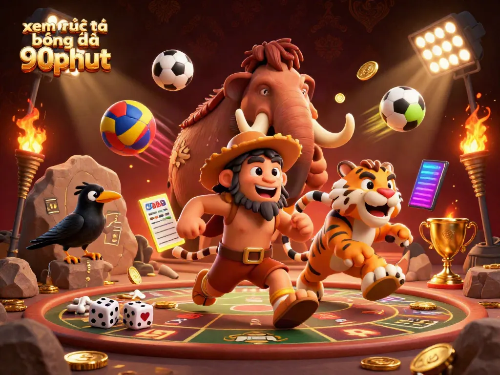 Experience xem trực tiếp bóng đá 90phut with our immersive betting scene showcasing cartoon characters, sports balls, and dynamic elements.
