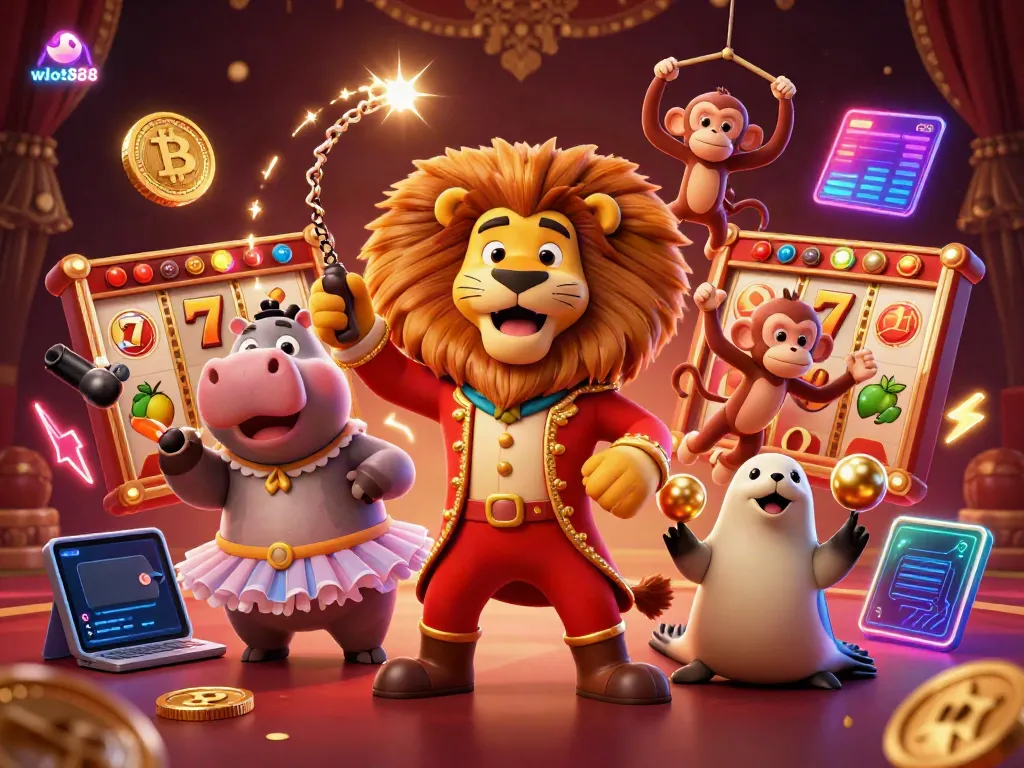 Gambar wslot888 menampilkan karakter kasino yang lucu dan slot mesin dengan elemen kripto.