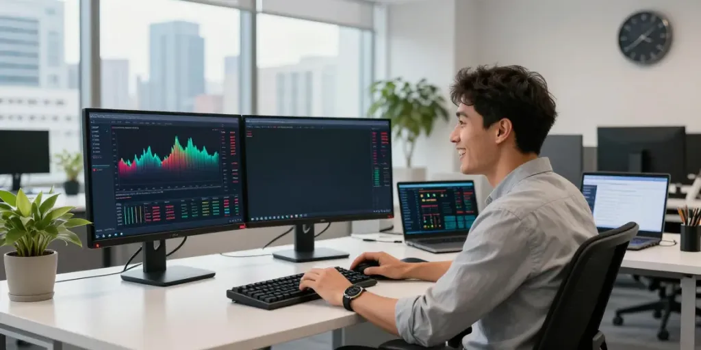 Trader using MetaTrader 5 on dual monitors in a vibrant office