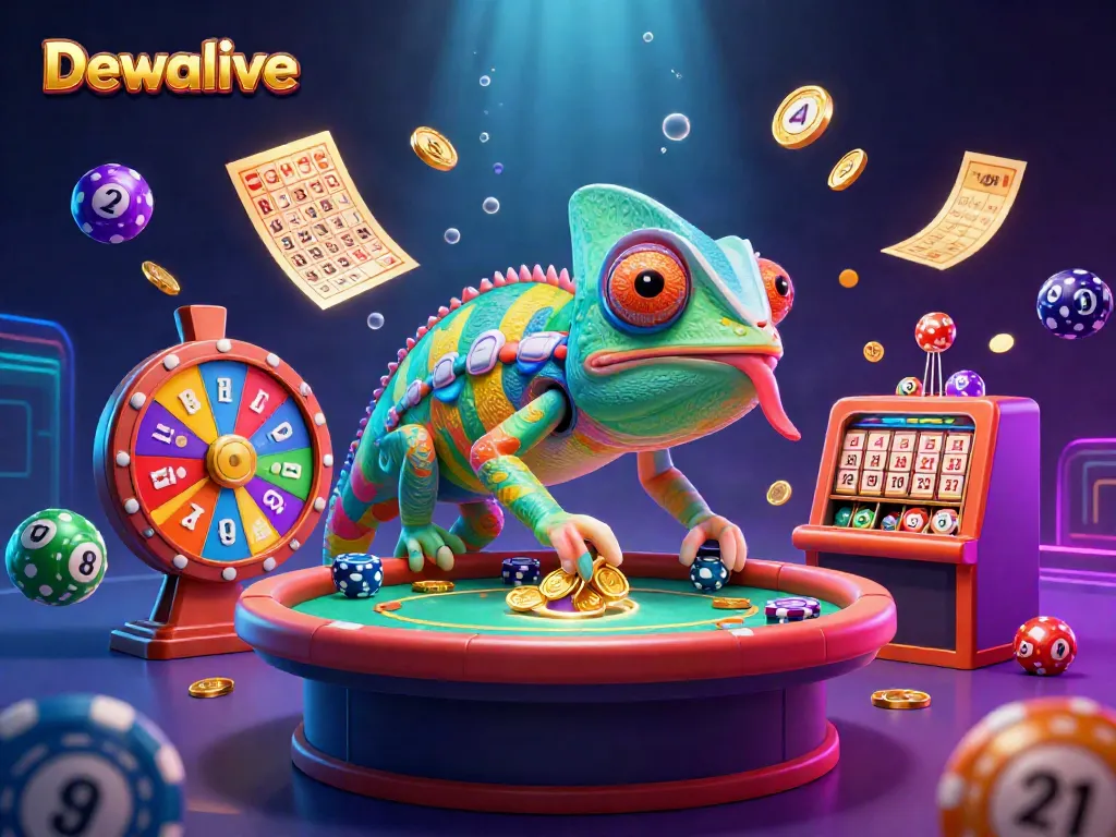 Dewalive chameleon casino owner interacting with colorful lottery elements, showcasing gaming excitement.